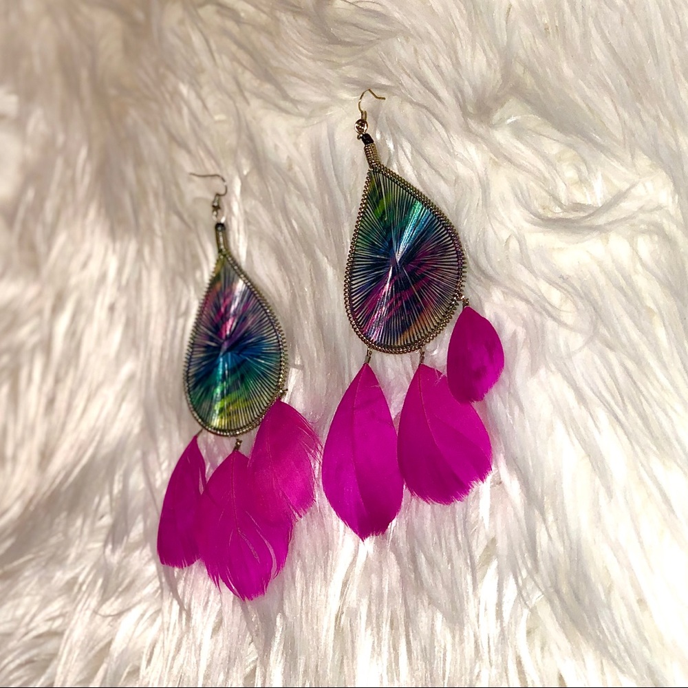 NWOT - Statement Earrings Colourful with Feathers